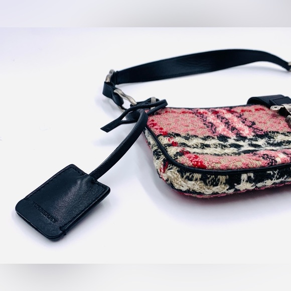 Auth Burberry Pink Boucle Wool Nova Check Plaid Lock Key Shoulder Bag Ex++ - Picture 10 of 12